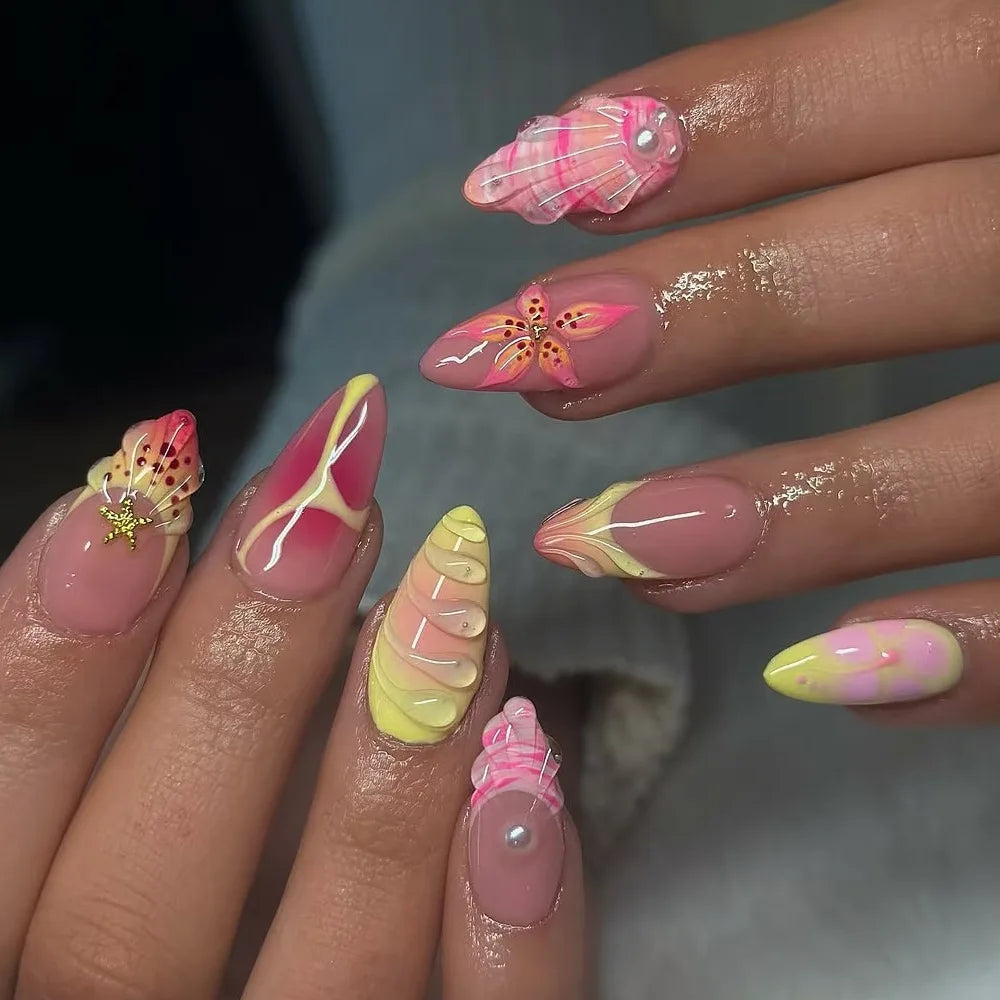 🌊 24pcs Cute Ocean Creature Press-On Nails – Yellow French Tip with Floral Fun