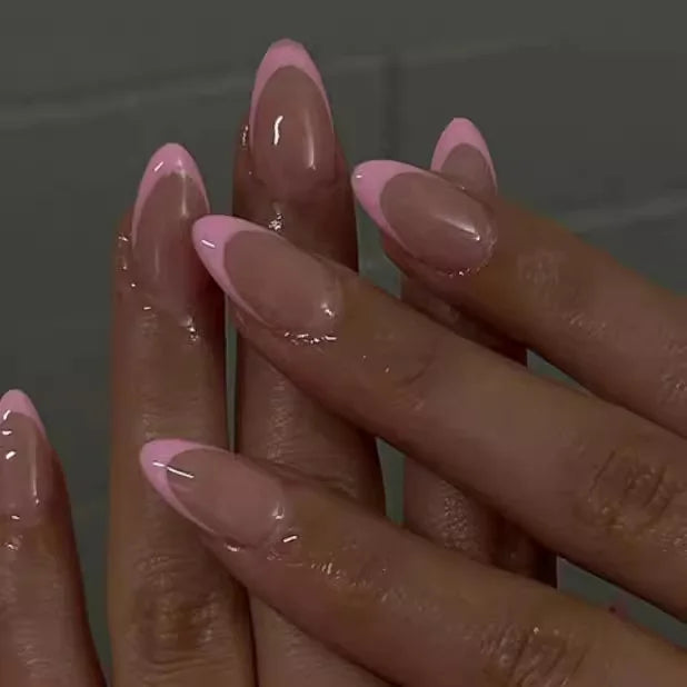 💗 24pcs French Almond Press-On Nails – White Edge with INS Pink Style