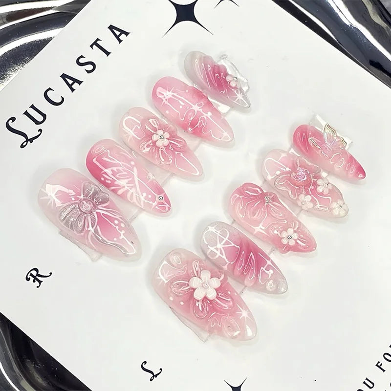 🍃 24pcs 3D Green Ripple Cat’s Eye Press-On Nails – French Almond Style with Leaf Design