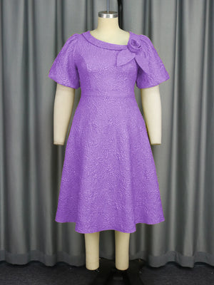 Jacquard Women’s Elegant A-Line Dress – Puff Sleeve 3D Flower Dress