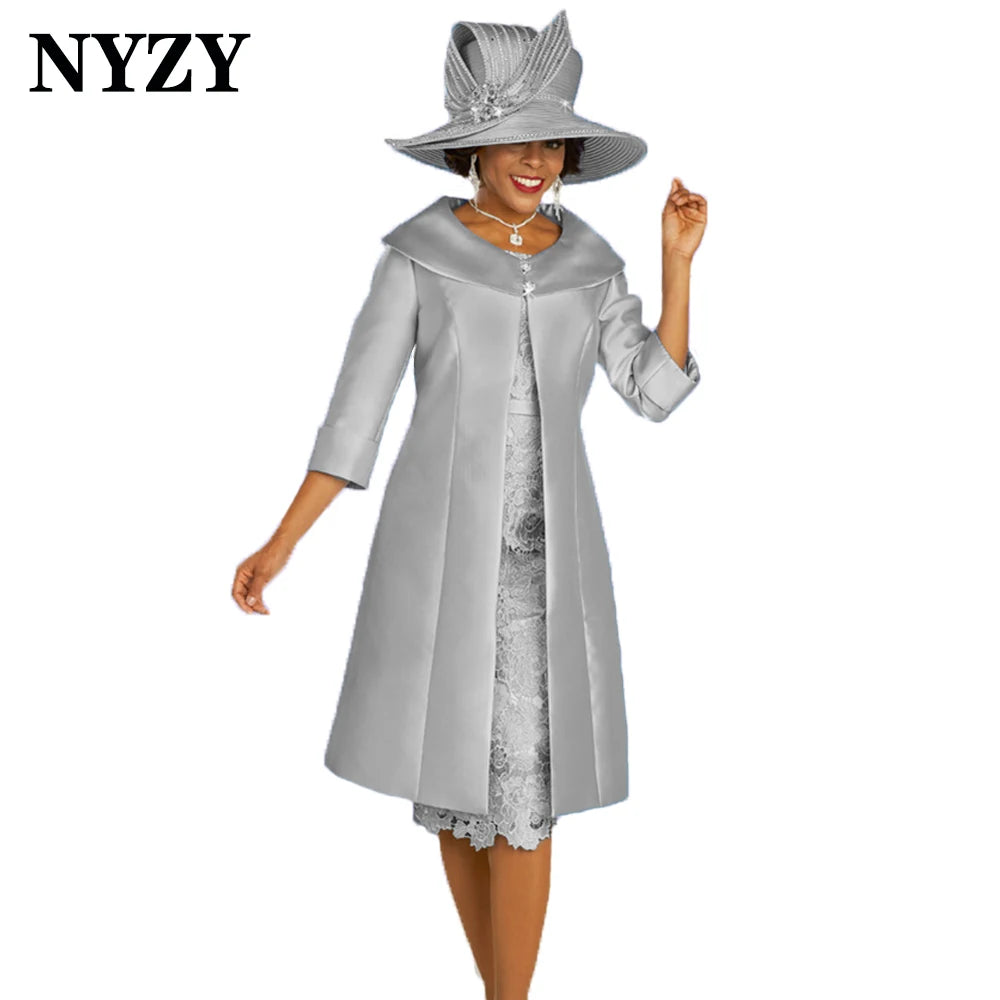Satin 2-Piece Mother of the Bride Dress with Lace Jacket – Sky Blue Elegance