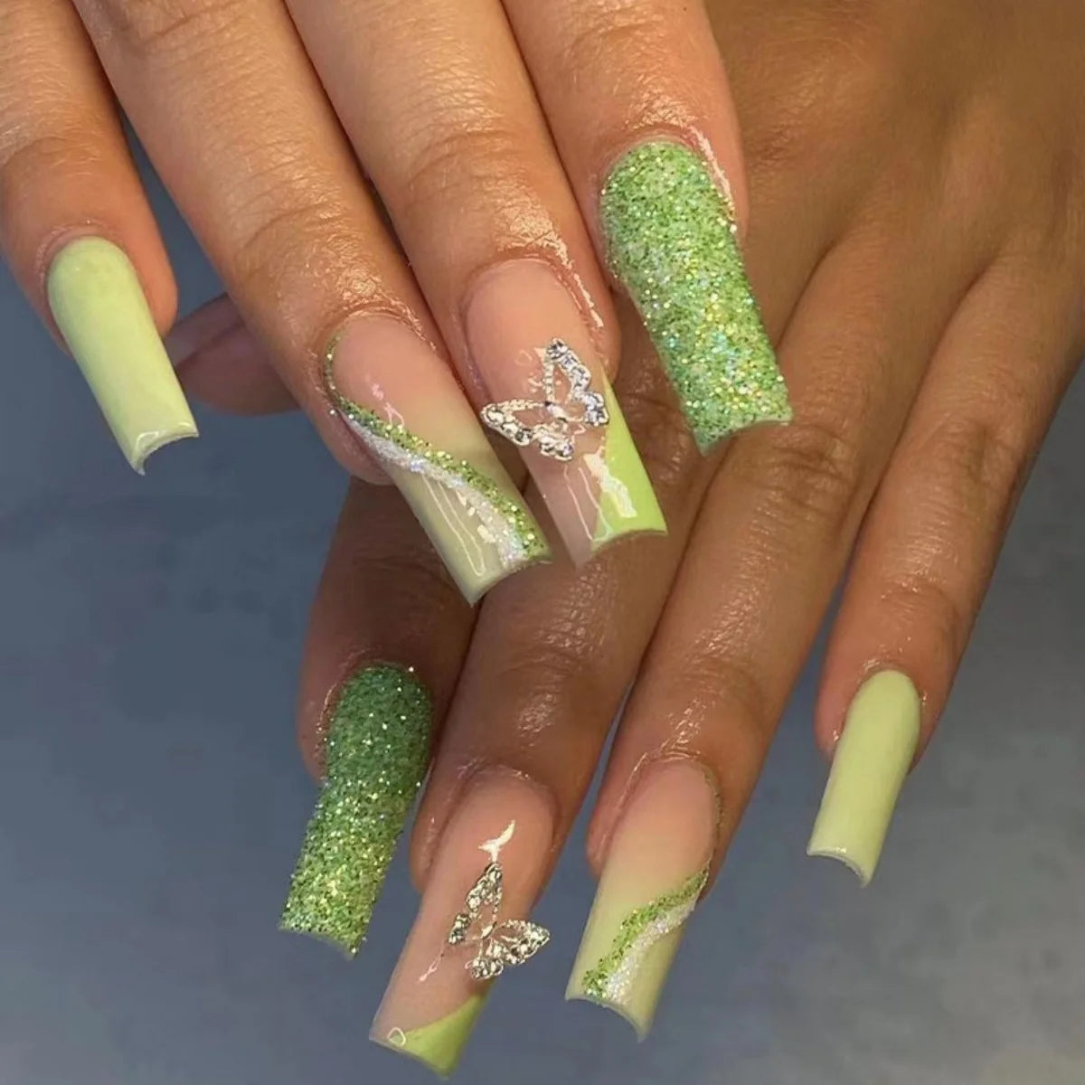 🐻 24pcs Extra Long Square Press-On Nails – 3D Bear & Bow with White French Tips