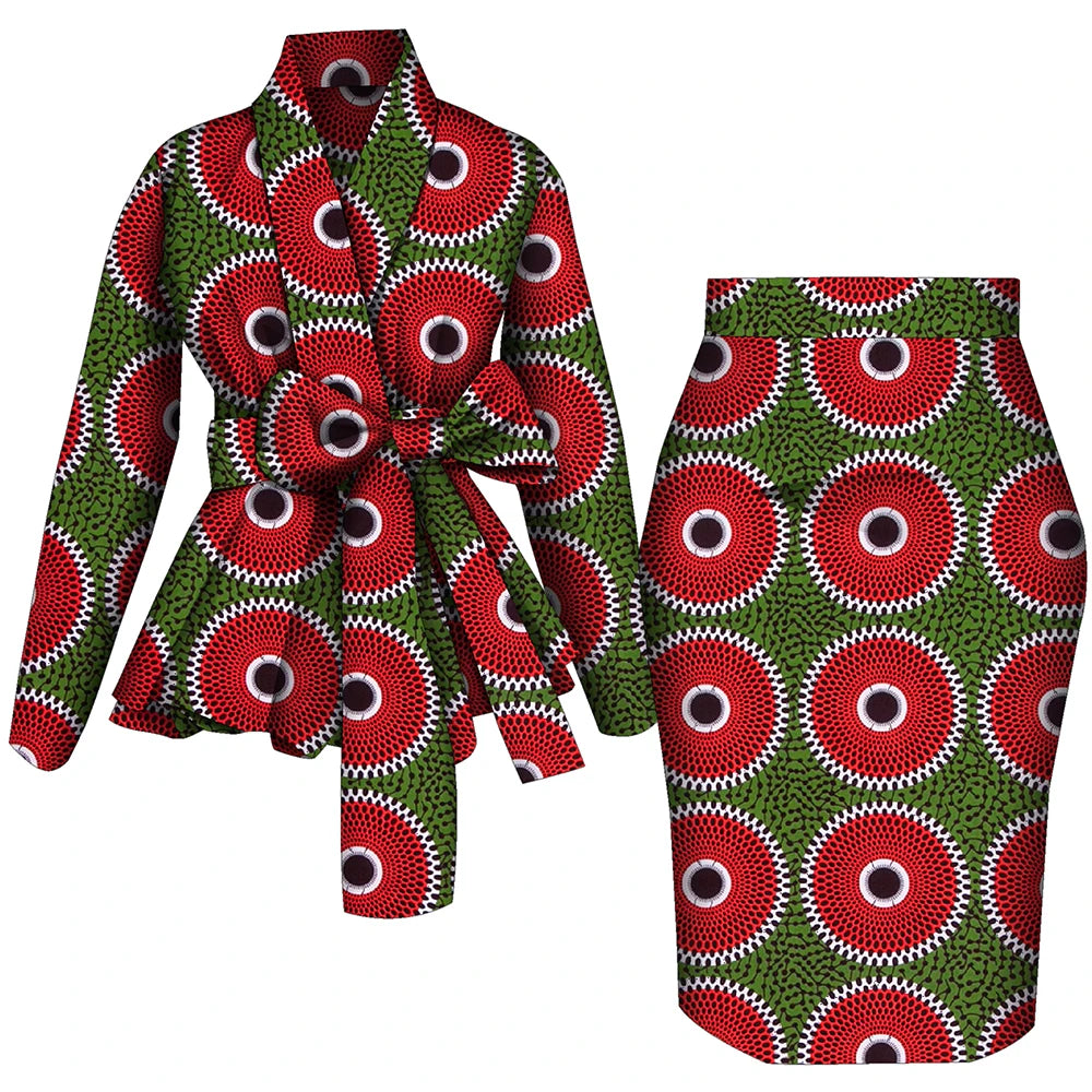 🌺 African Women Top & Skirt Set – Long Sleeve Ankara Print Suit (WY10871)
