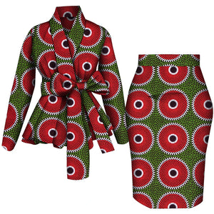 🌺 African Women Top & Skirt Set – Long Sleeve Ankara Print Suit (WY10871)