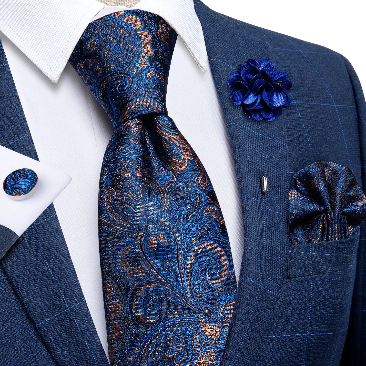 Blue Silver Paisley Neck Tie Set for Men