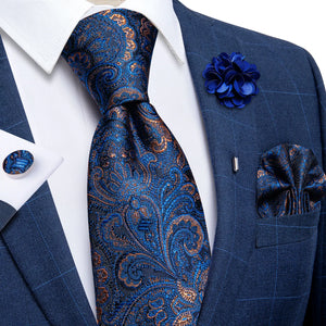 Blue Silver Paisley Neck Tie Set for Men