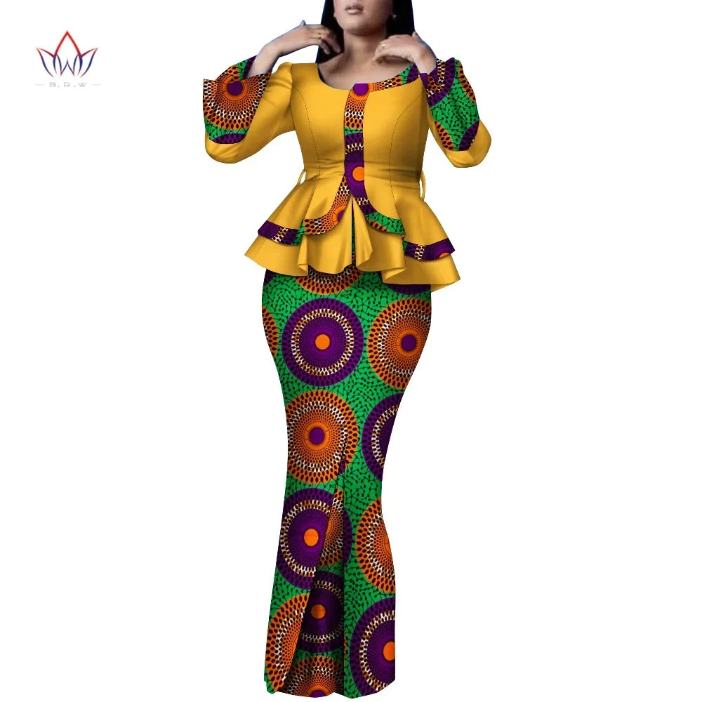 🌞 Summer African Traditional Outfit for Women – Bazin Riche Top & Skirt Set (WY9926)