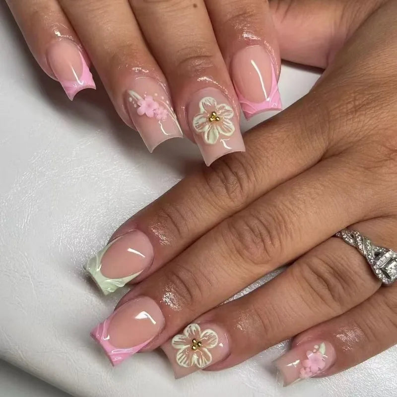 🌸 24pcs Short Square French Press-On Nails – 3D Embossed Flowers