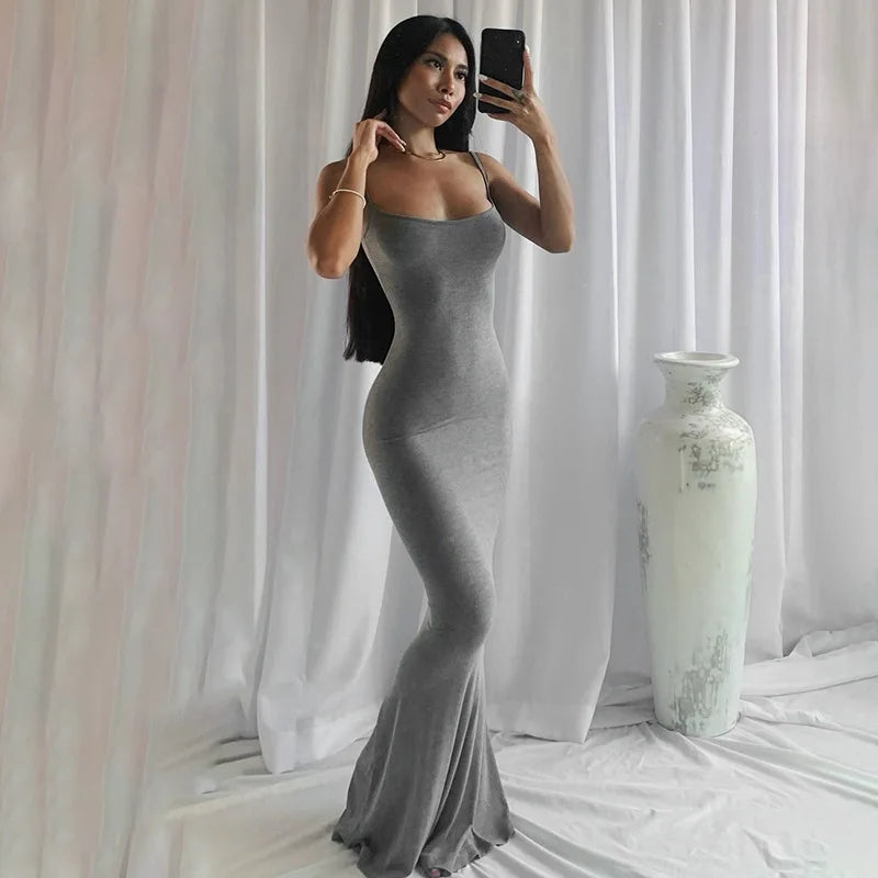 🖤 2024 Y2K Black Spaghetti‑Strap Trumpet Maxi Dress