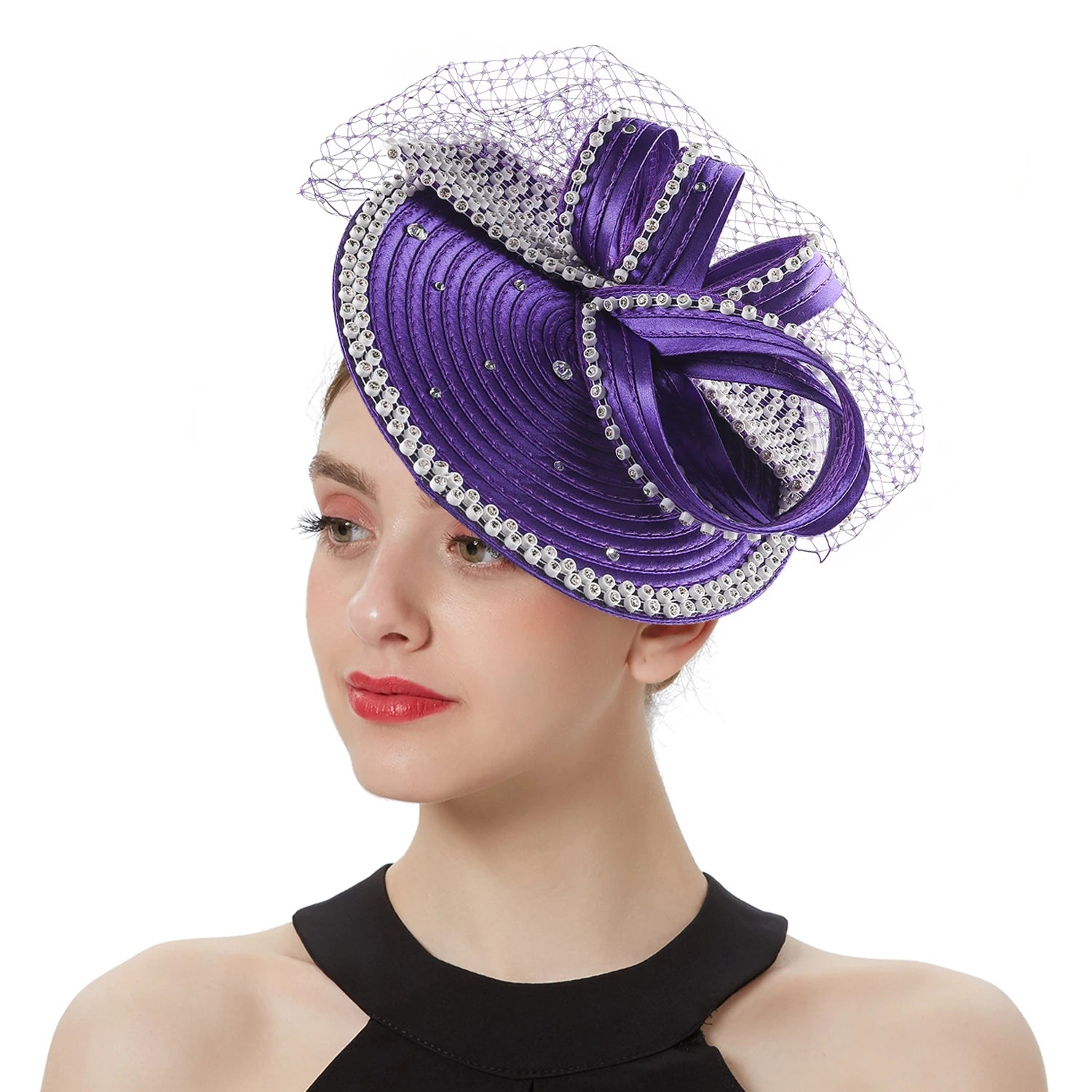 🎀 Perfect Satin Fascinator – Multicolor Fancy Hair Accessory with Veil & Rhinestones