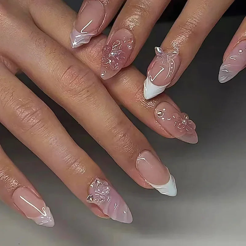 🌿 24pcs Flora Almond Press-On Nails – Mori Girl Ballet-Inspired Beauty