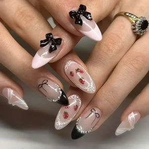 🖤 24pcs Short Almond Press-On Nails – Black Bowknot & White Pearl French Tips
