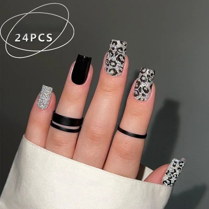 🖤 24pcs Short Almond Press-On Nails – Black Bowknot & White Pearl French Tips