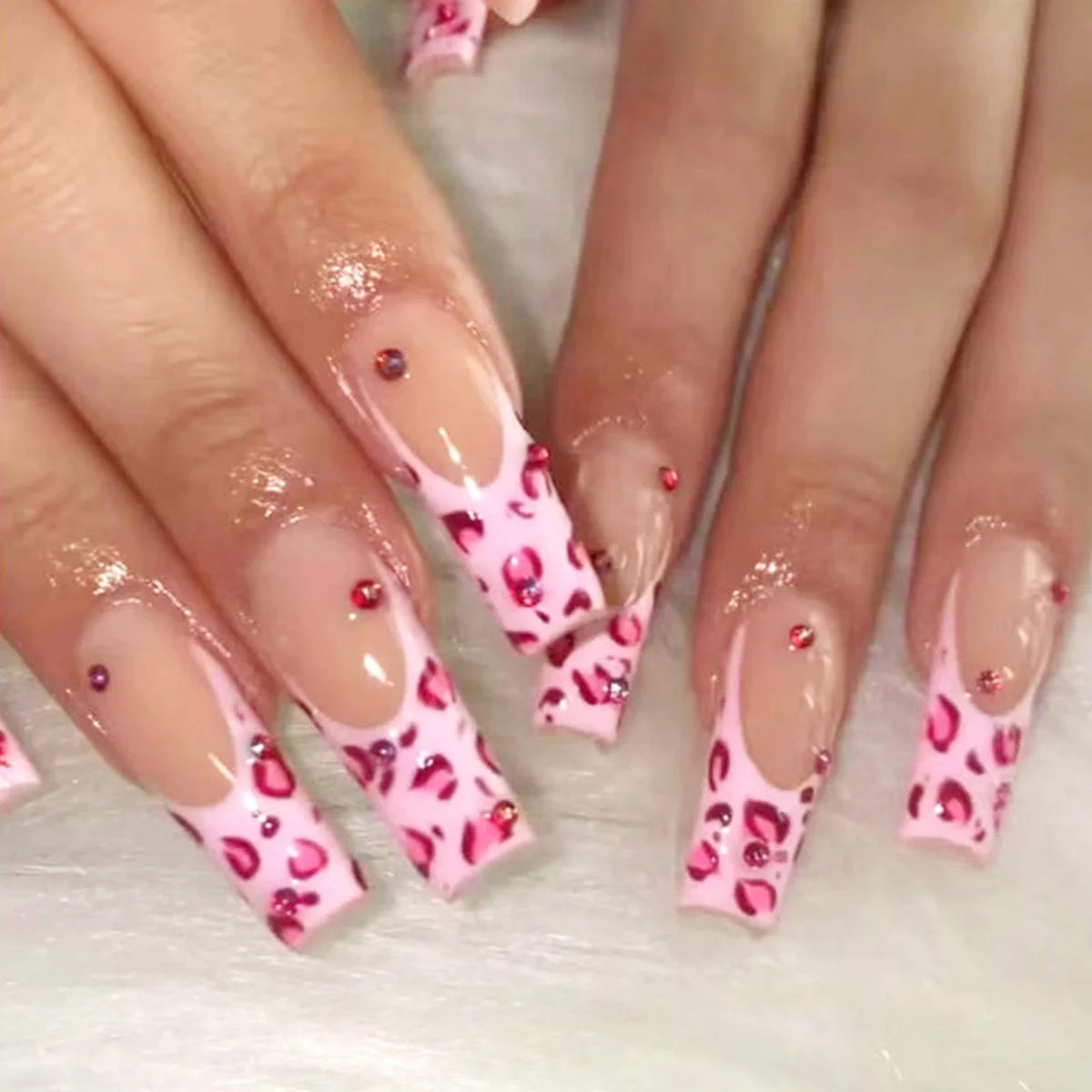 🐻 24pcs Extra Long Square Press-On Nails – 3D Bear & Bow with White French Tips