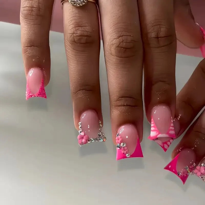 💎 24pcs Duckbill French Press-On Nails – Glitter, Rhinestones & Floral Charm