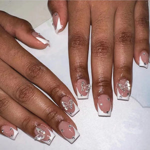 🖤 24pcs Short Almond Press-On Nails – Black Bowknot & White Pearl French Tips