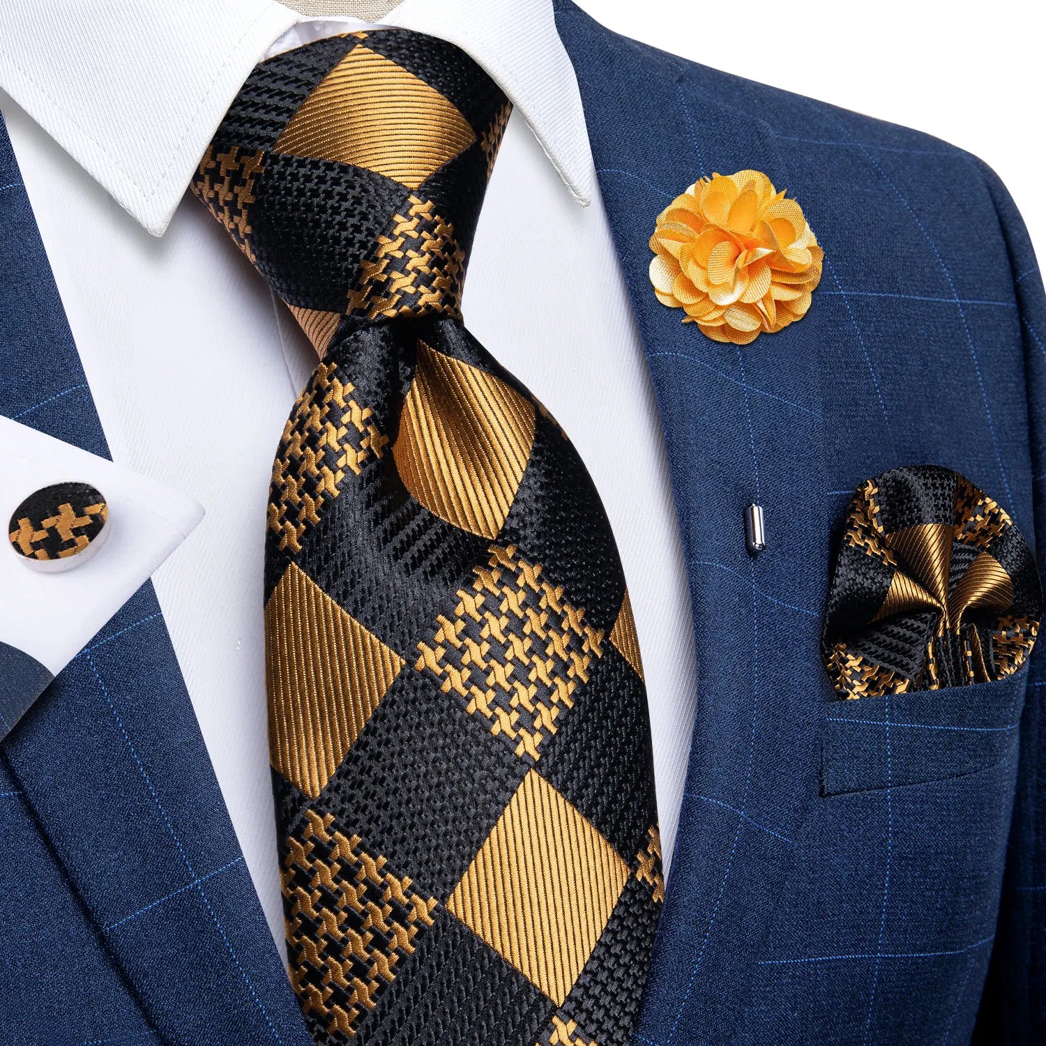 Luxury Yellow Solid Silk Tie Set for Men