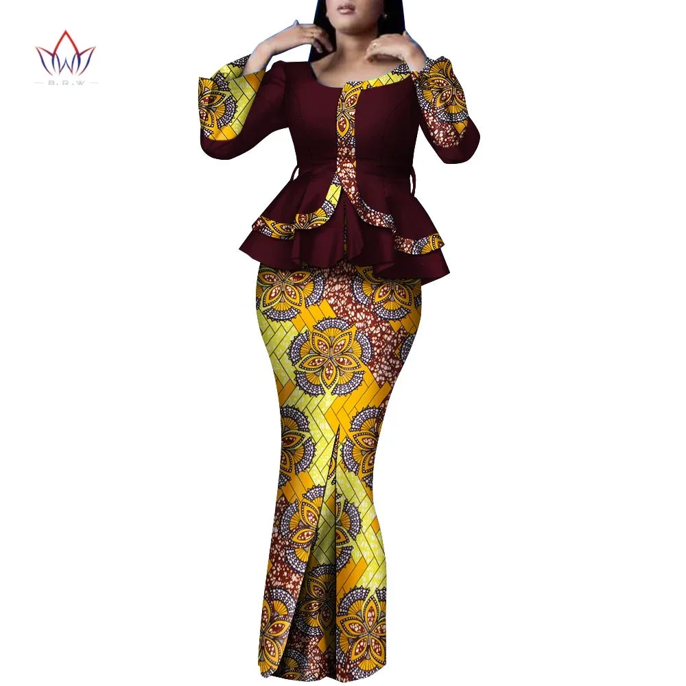🌞 Summer African Traditional Outfit for Women – Bazin Riche Top & Skirt Set (WY9926)