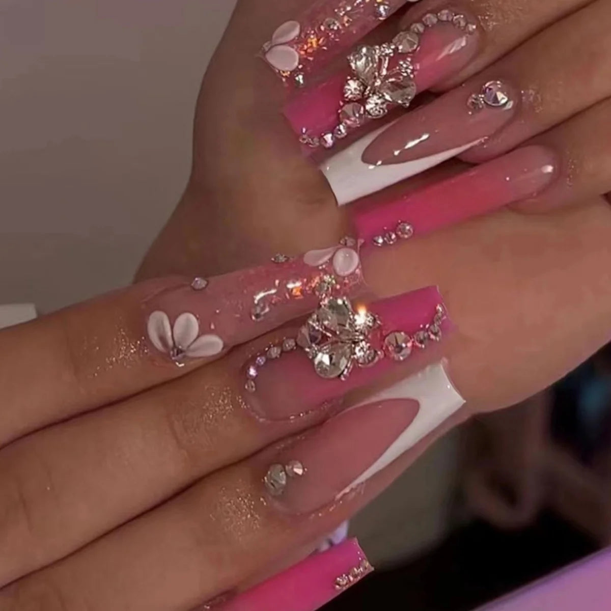 🐻 24pcs Extra Long Square Press-On Nails – 3D Bear & Bow with White French Tips
