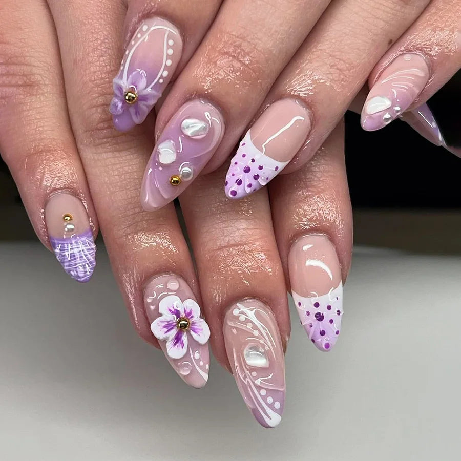 🌞 24PCS Summer Colorful Press-On Nails – Almond Shape with 3D Flowers & Beach Art