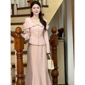 French Style Pink Tweed Two-Piece Set for Women