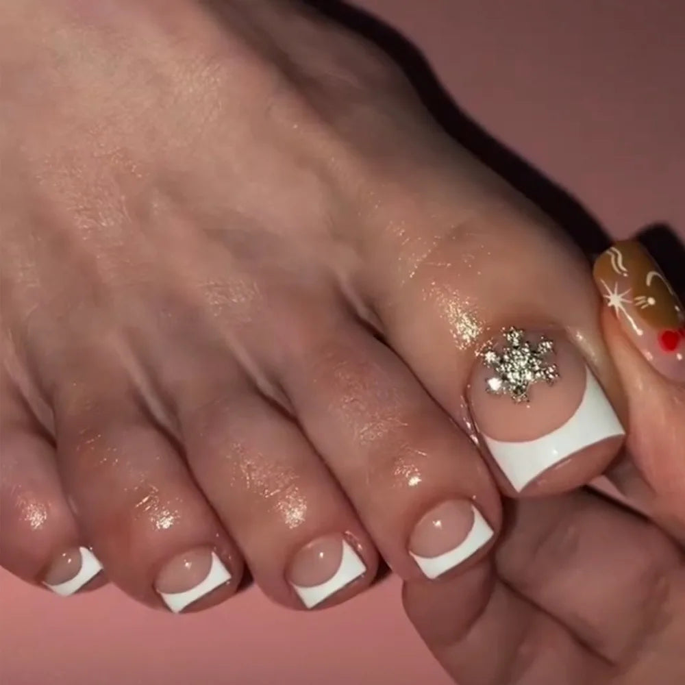 🦋 24pcs Butterfly Design Press-On Toe Nails – Short French Style with Rhinestones