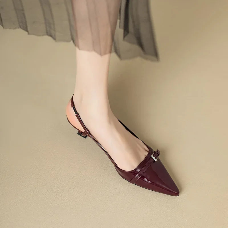 New Summer French Wine Red Patent Leather Mid-Heel Sandals
