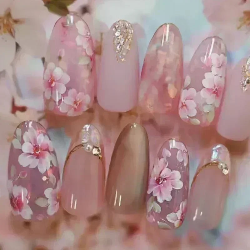 🌸 24pcs Pink Almond Press-On Nails – Sweet Summer Floral with Pearls