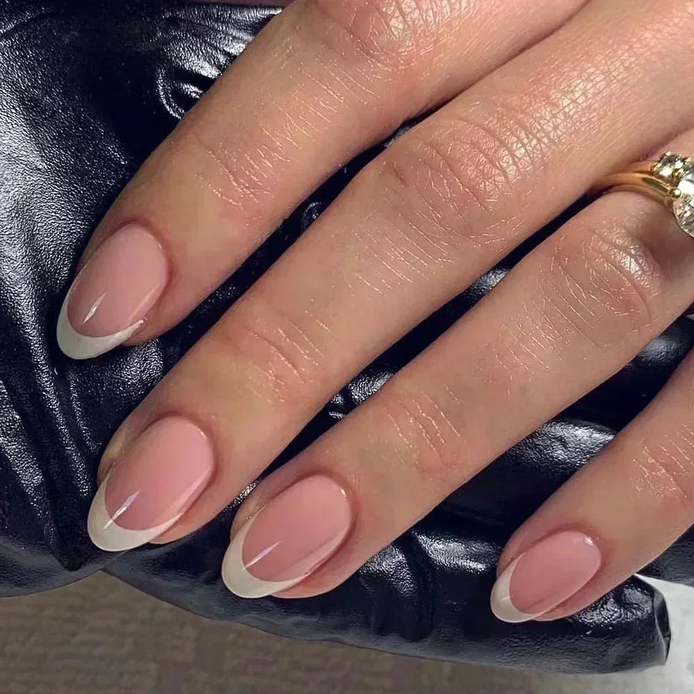 💗 24pcs French Almond Press-On Nails – White Edge with INS Pink Style