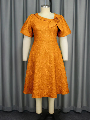 Jacquard Women’s Elegant A-Line Dress – Puff Sleeve 3D Flower Dress