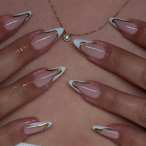🎀 24pcs French Almond Press-On Nails – Elegant Golden Bow Design
