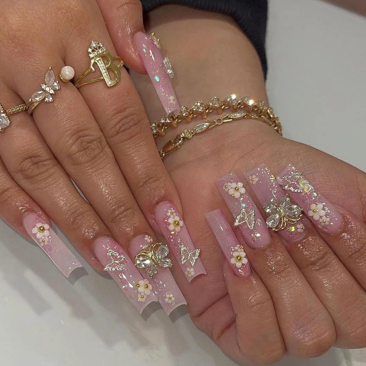 🐻 24pcs Extra Long Square Press-On Nails – 3D Bear & Bow with White French Tips