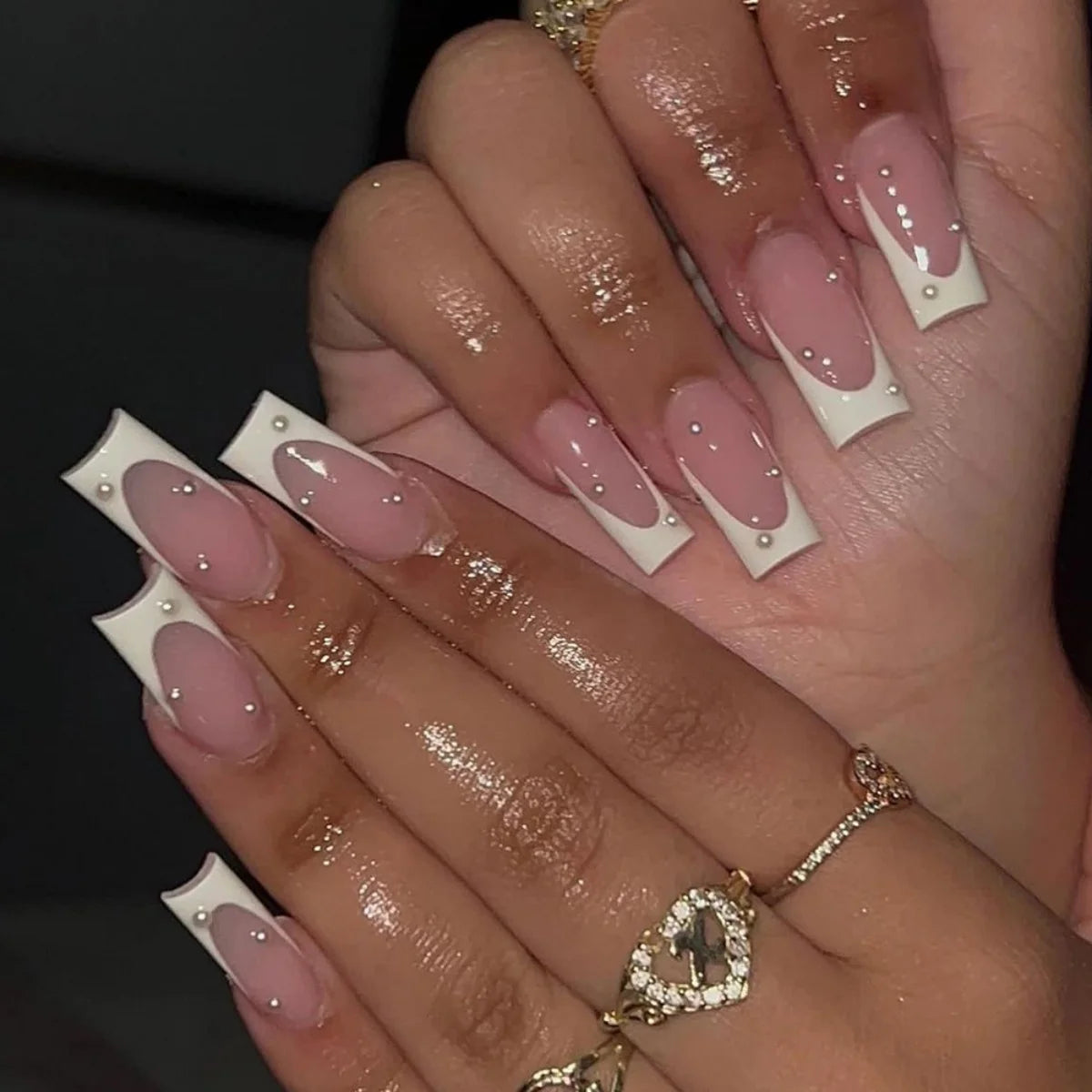 🐻 24pcs Extra Long Square Press-On Nails – 3D Bear & Bow with White French Tips