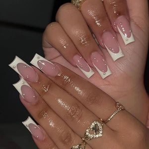 🐻 24pcs Extra Long Square Press-On Nails – 3D Bear & Bow with White French Tips