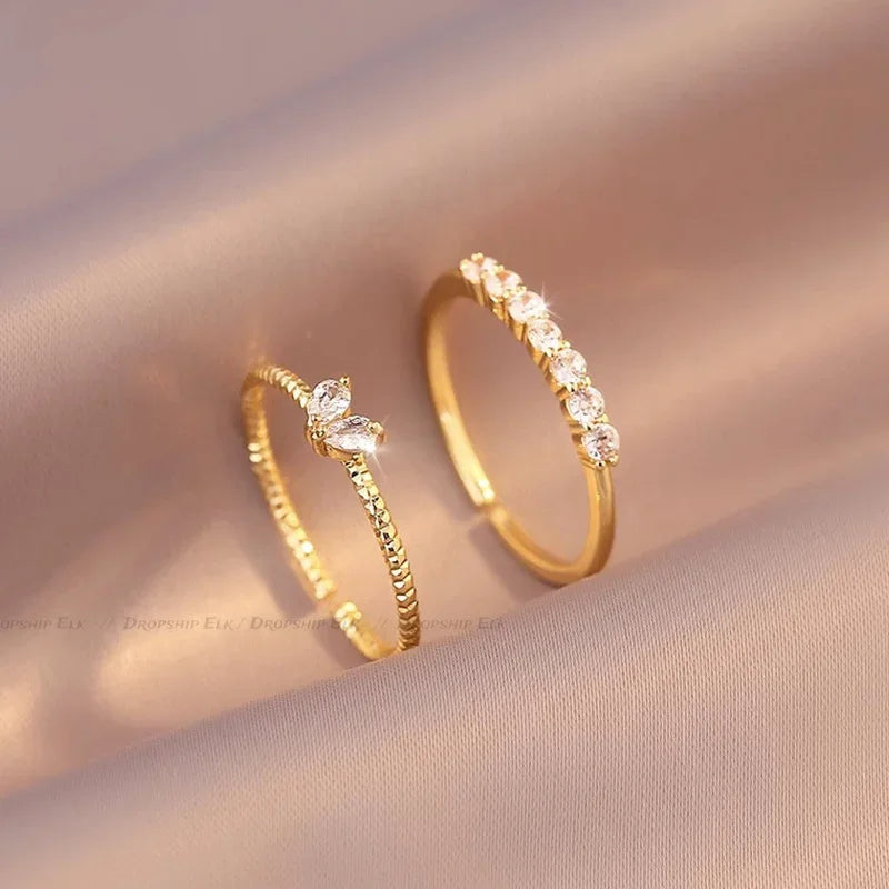 💛 2pcs/set Gold Color Heart Zircon Adjustable Rings