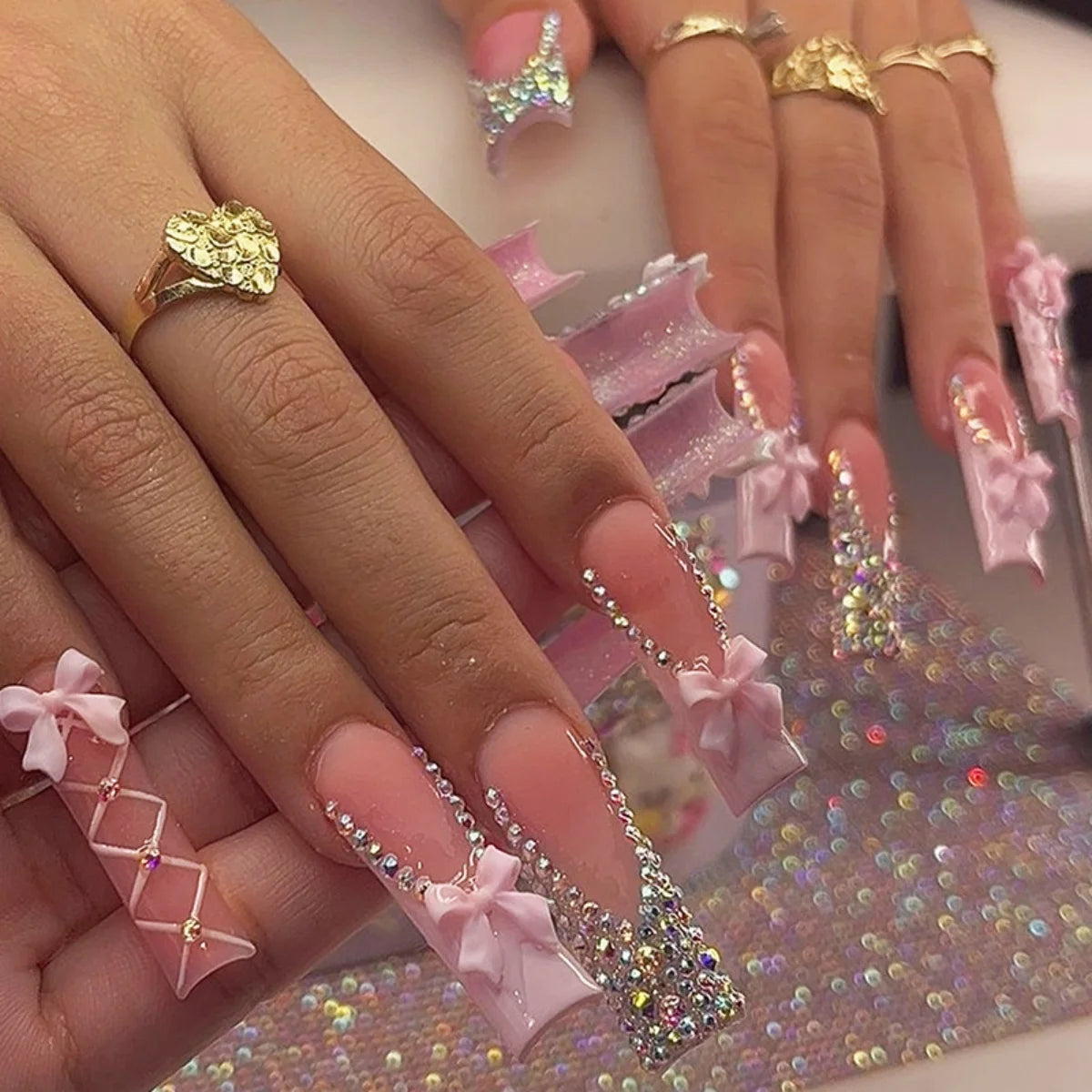 🐻 24pcs Extra Long Square Press-On Nails – 3D Bear & Bow with White French Tips
