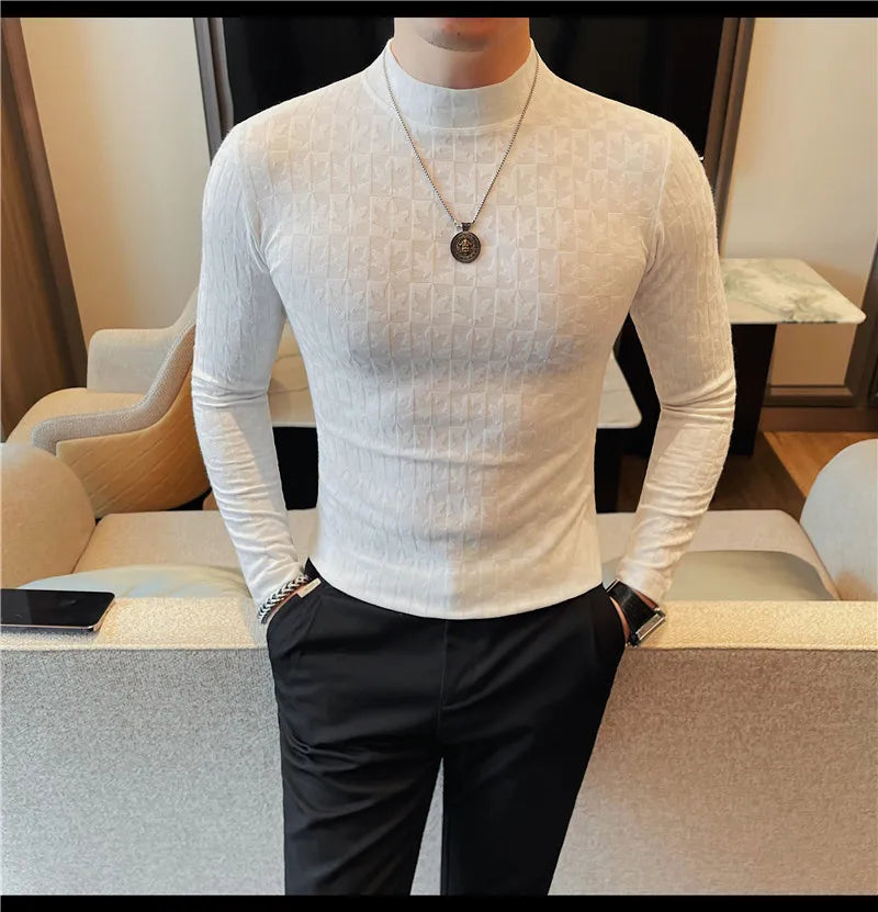Printed Semi Turtleneck Elastic T-shirt – Men’s Autumn Long-Sleeve Slim Fit Tee