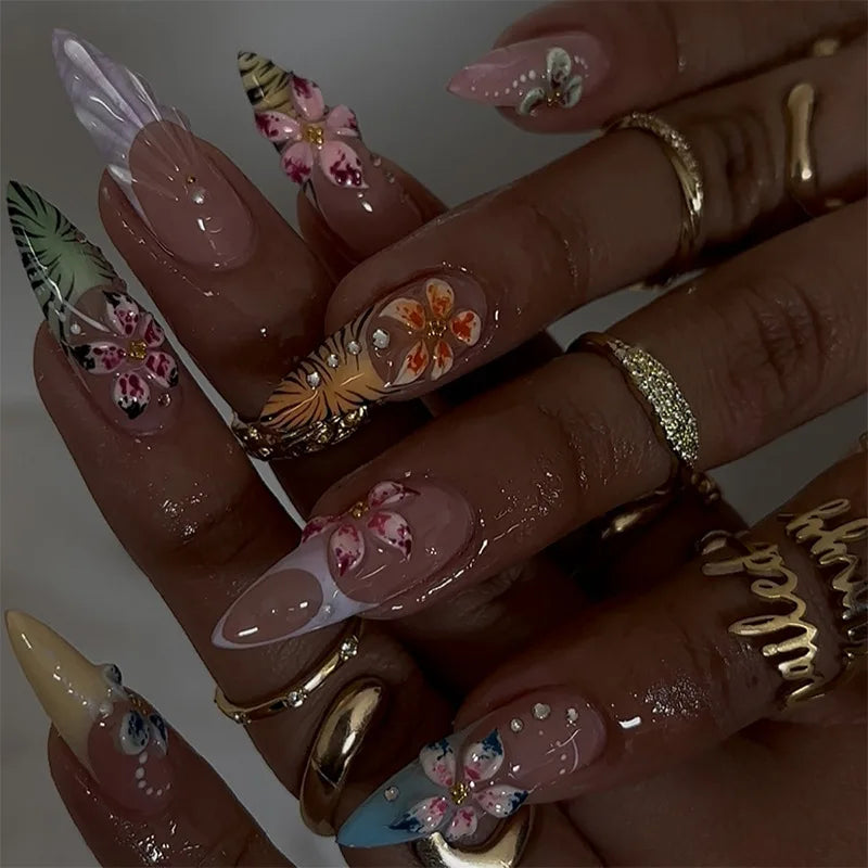 🌊 24pcs Cute Ocean Creature Press-On Nails – Yellow French Tip with Floral Fun