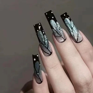 ✨ 24pcs Gold French Border Press-On Nails – Long Coffin Style with Rhinestones