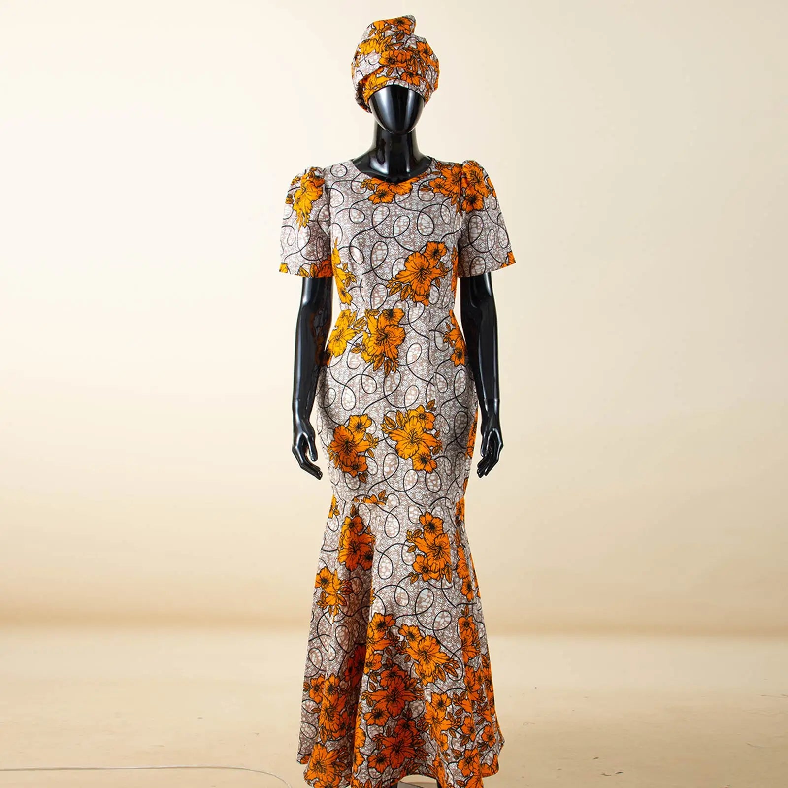 💃 African Party Dress for Women – Puff Sleeve Mermaid Dress with Headwrap (2525142)