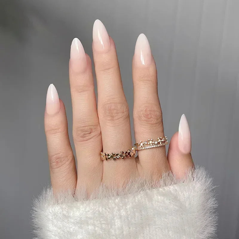 💗 24pcs French Almond Press-On Nails – White Edge with INS Pink Style