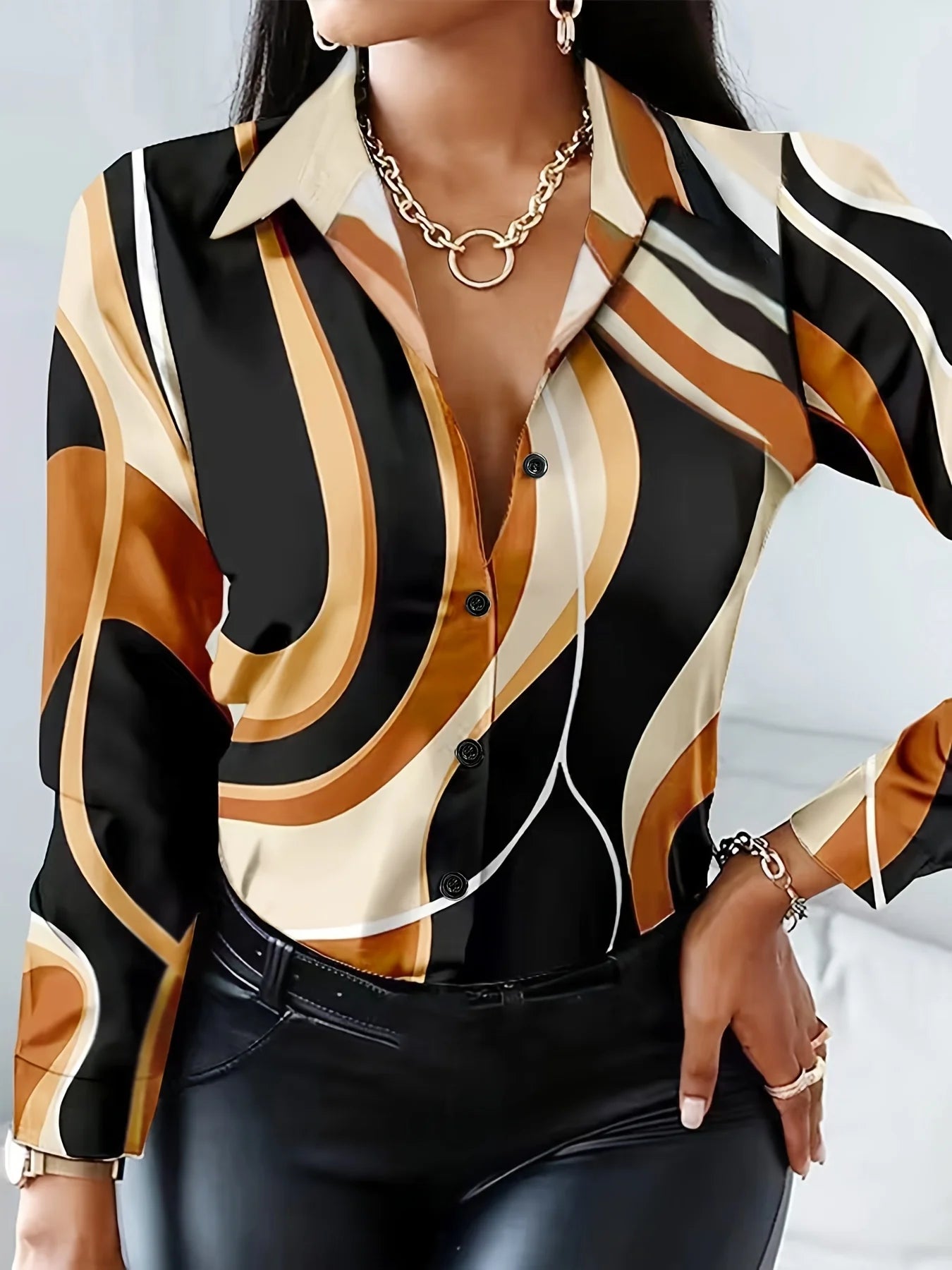 Women's Street Collar Long-Sleeved Shirt – Colorful Tassel Print