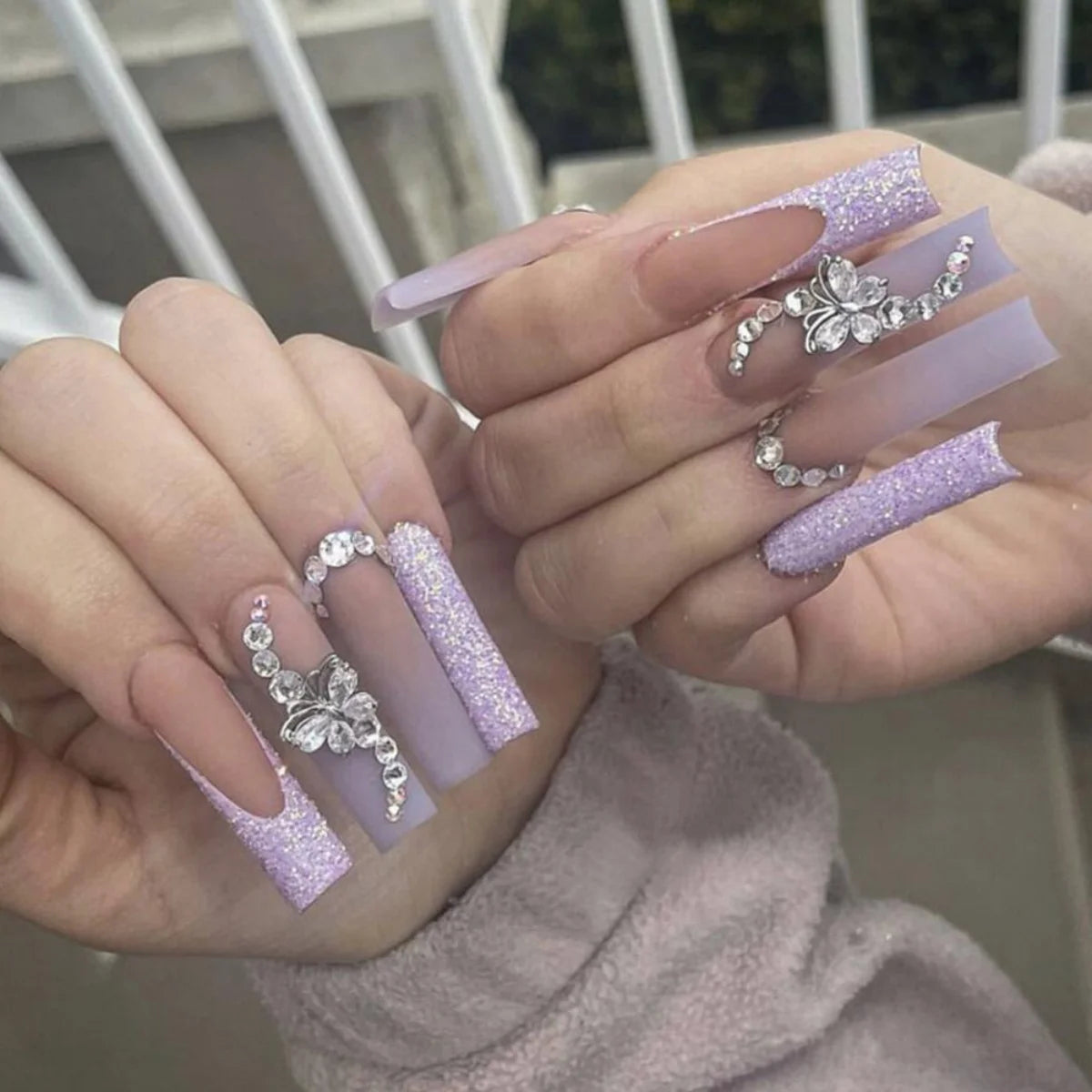 🐻 24pcs Extra Long Square Press-On Nails – 3D Bear & Bow with White French Tips