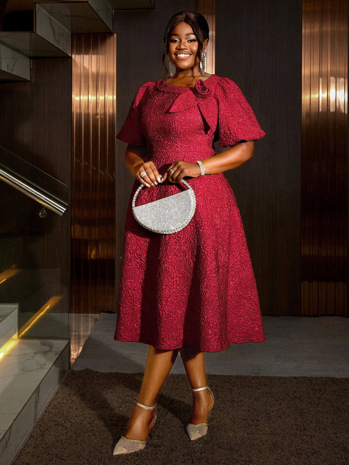 Jacquard Women’s Elegant A-Line Dress – Puff Sleeve 3D Flower Dress