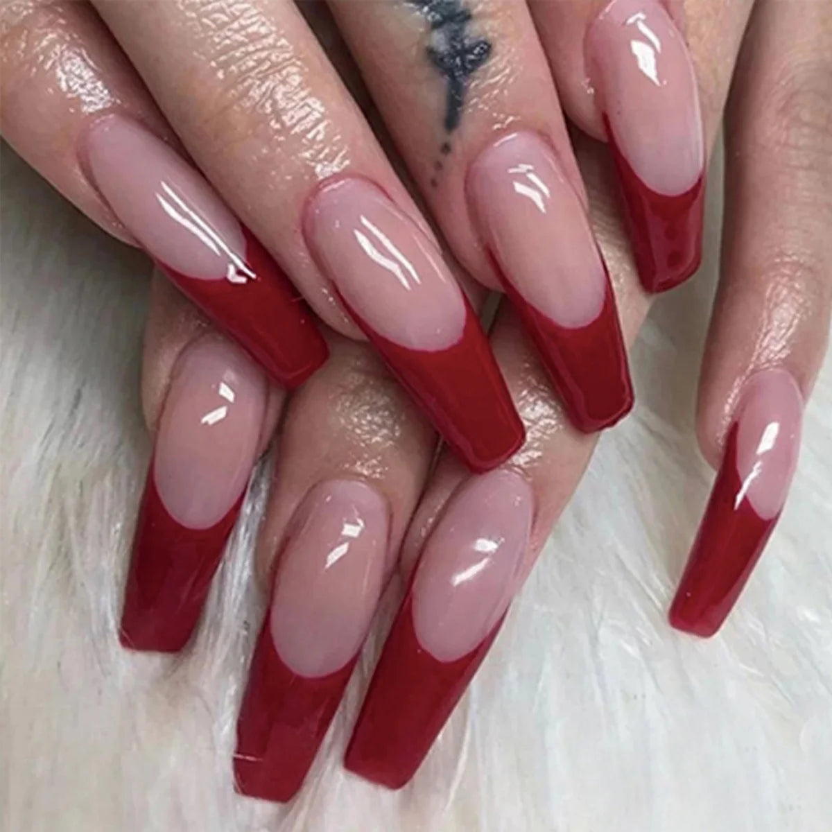 🐻 24pcs Extra Long Square Press-On Nails – 3D Bear & Bow with White French Tips
