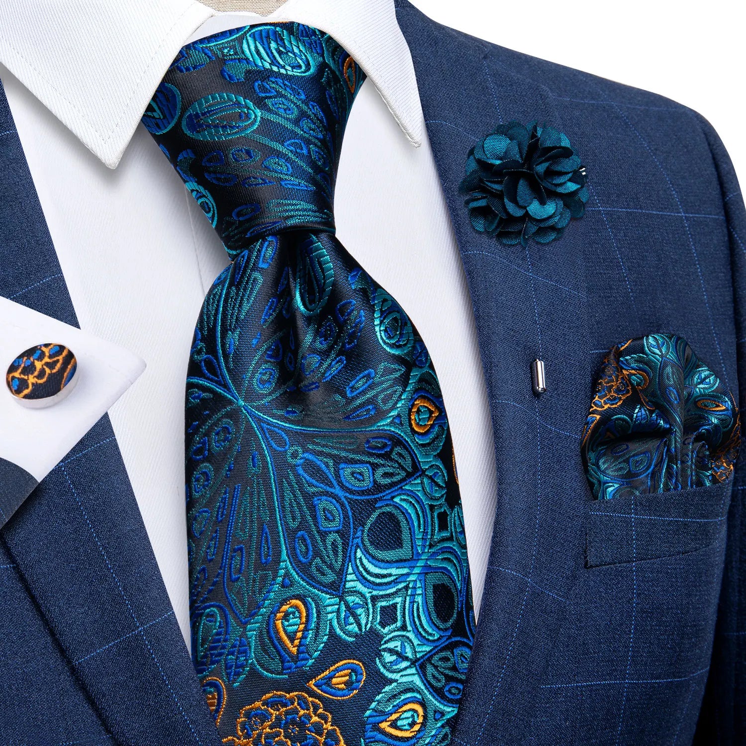 Blue Silver Paisley Neck Tie Set for Men