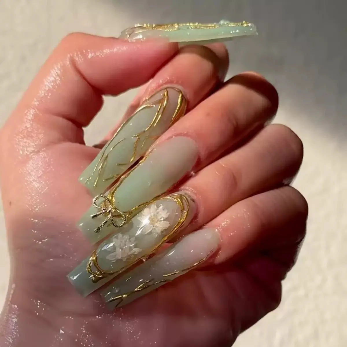 ✨ 24pcs Gold French Border Press-On Nails – Long Coffin Style with Rhinestones