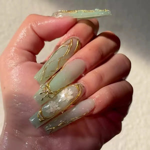 ✨ 24pcs Gold French Border Press-On Nails – Long Coffin Style with Rhinestones