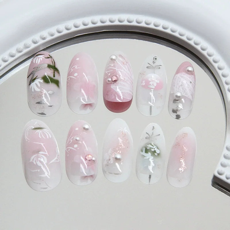 🌸 24pcs Pink Almond Press-On Nails – Sweet Summer Floral with Pearls