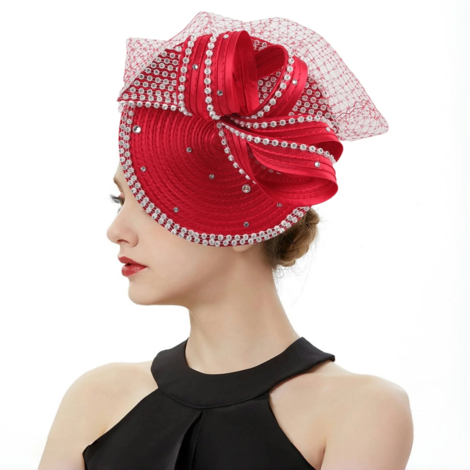 🎀 Perfect Satin Fascinator – Multicolor Fancy Hair Accessory with Veil & Rhinestones